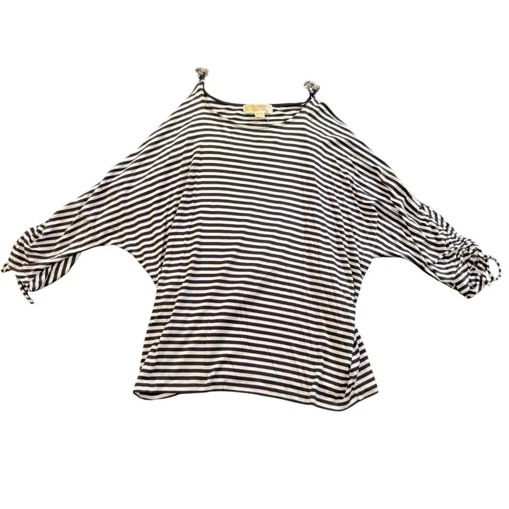 Michael Kors Cold Shoulder Top L Striped Black White Chain Strap